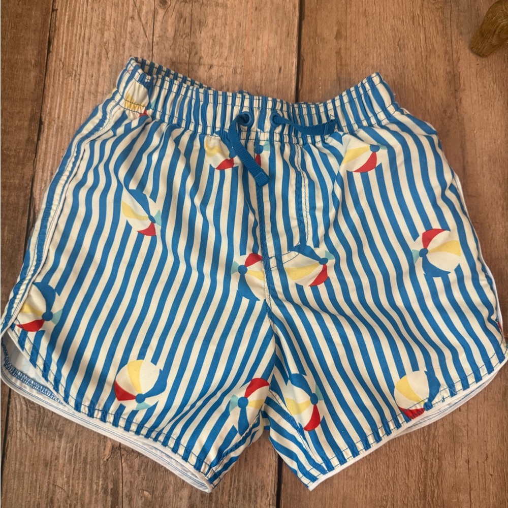 Hanna Andersson Blue & White Striped Swim Shorts with Beach Ball Motif